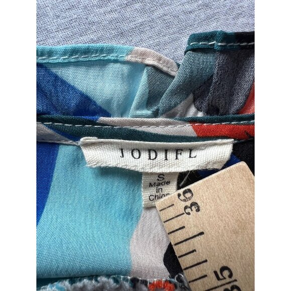 Jodifl Abstract Mini Dress Womens Small Colorful Ruffled Long Sleeve Tie Waist - Picture 3 of 10